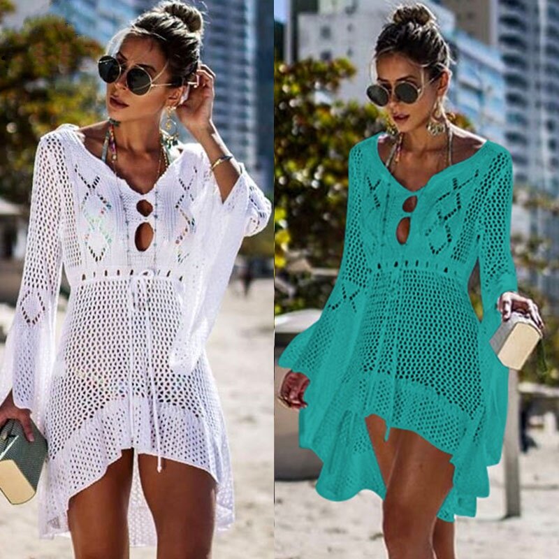 2019 Crochet blanc tricoté Plage couverture Robe tunique longue Pareos Bikinis couverture ups nager couverture Robe Plage vêtements de Plage