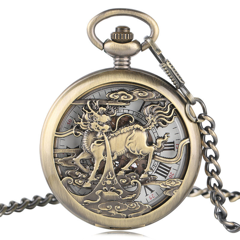 Luxury มาใหม่ล่าสุดทองแดงทองแดง Hollow Kylin Design Fob นาฬิกากระเป๋านาฬิกา Cool Necklace ผู้ชายอัตโนมัตินาฬิกาของขวัญ
