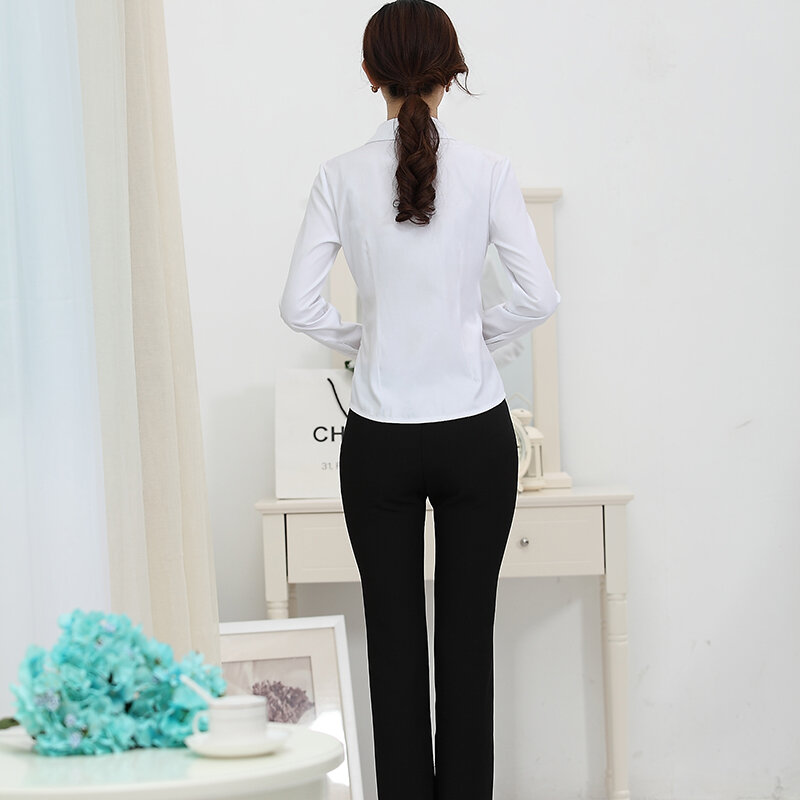 Lenshin Baru Fashion Kemeja Putih Wanita Formal Pakaian Kerja Elegan Atasan Lengan Panjang Slim Wanita Blus Kemeja