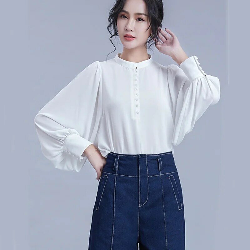 Solid Color Korean Fashion Woman Clothing Blouse Side Button Shirt Female Balloon Sleeve Work Wear Women Tops Summer 2019 DD2134