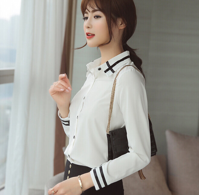 Camisa primavera outono shirt women clothing manga comprida blusa chiffon camisa coreano camisa casual patchwork cor sólida top branco