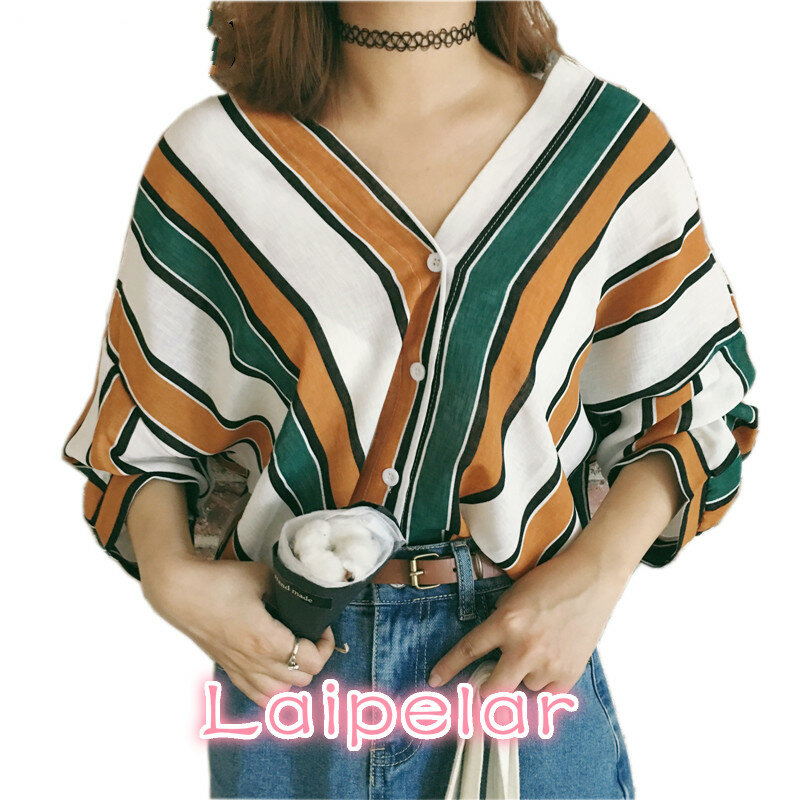 Laipelar 2019 summer fashion women loose shirts casual V neck stripes print bat sleeves blouses 3/4 sleeved tops