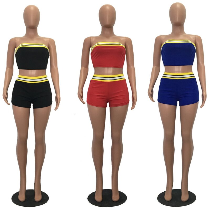 3 Warna Bergaris Garis Tabung Set 2019 Fashion Wanita Seksi Strapless Tanaman Tops dengan Celana Pendek Set Kasual Ganda Sepotong Set pakaian