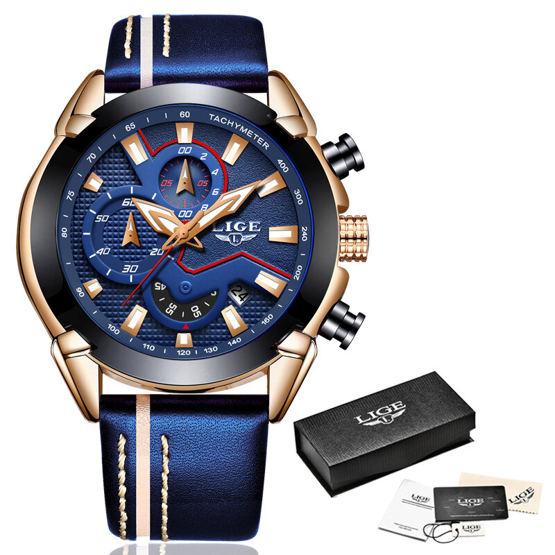 Часы наручные LIGE Мужские кварцевые, роскошные повседневные водонепроницаемые спортивные в стиле милитари, с кожаным ремешком, синие