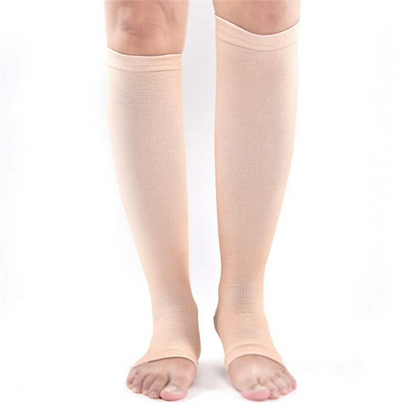 1 par de suporte de nível de compressão, meias médicas elásticas, sem toque, ponta alta do joelho aberta