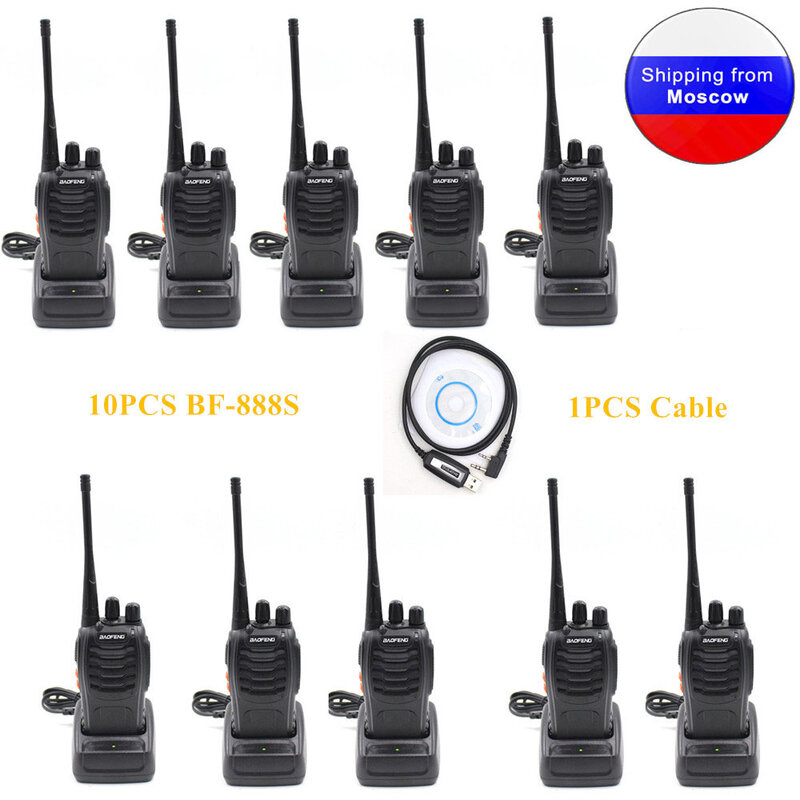 Baofeng-walkie-talkie de mano, transceptor de 10 piezas, 5W, UHF, 400-470MHz, Cable USB, 888S
