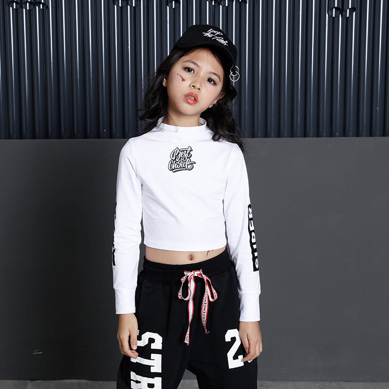 Baju Anak Hip Hop Baju Crop Top Lengan Panjang Celana Lari Jogger Streetwear untuk Anak Perempuan Baju Kostum Tari Jazz