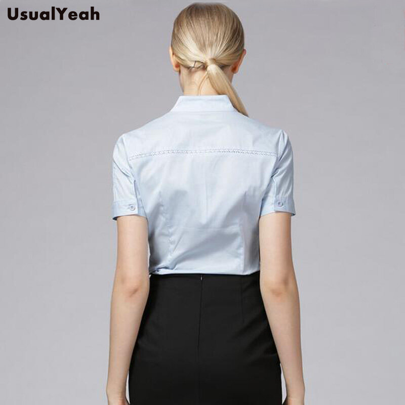 Camisa feminina formal de mangas curtas, camiseta estilo verão com renda e retalhos, blusas de escritório em branco e azul sy0276