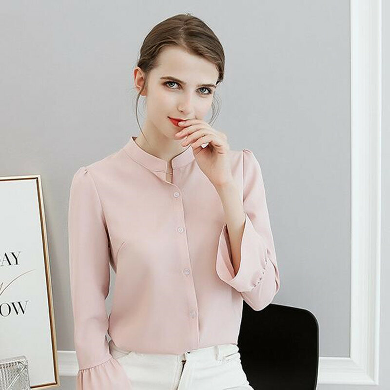 New Spring Summer Women Chiffon Shirt Fashion Long Sleeve Pure Color Office Ladies Blouses Slim Leisure Female Top Shirts H9115