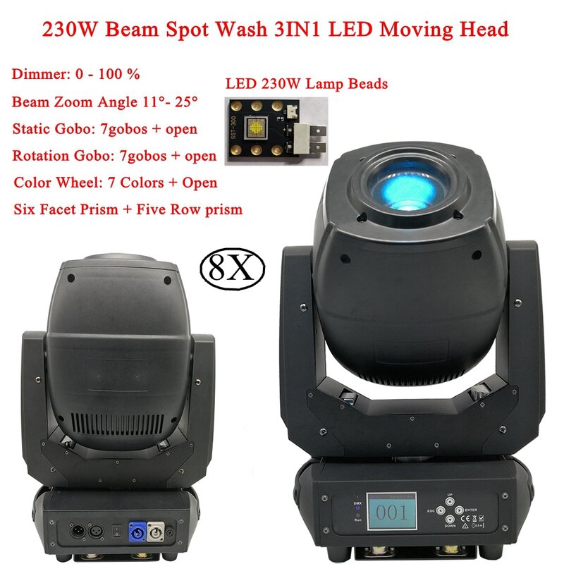 8Pcs/Lot 230W Beam Spot Wash 3IN1 Moving Head Disco Light LED DMX 6/18 Channels Bar Professional Party Ktv Stage DJ Equipment