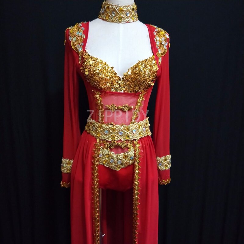 زي رقص نسائي ، بدلة ذهبية حمراء ، تنورة للأداء المسرحي ، زي من قطعتين ، ملابس عيد ميلاد للمغنيات