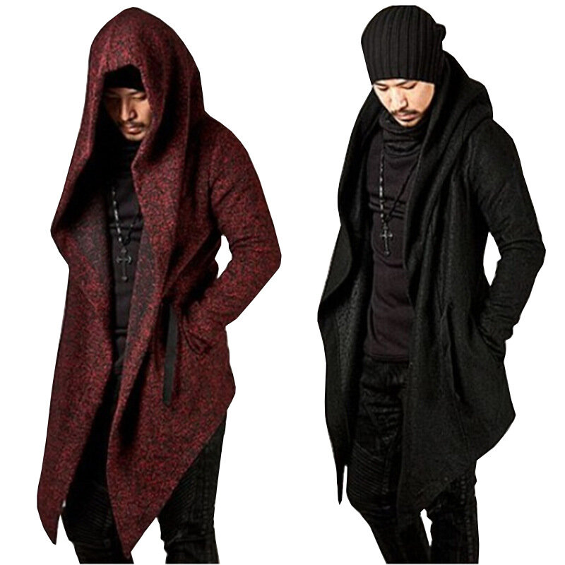 Gabardina gótica con capucha para hombre, ropa de abrigo Vintage, Irregular, color rojo y negro, X9105
