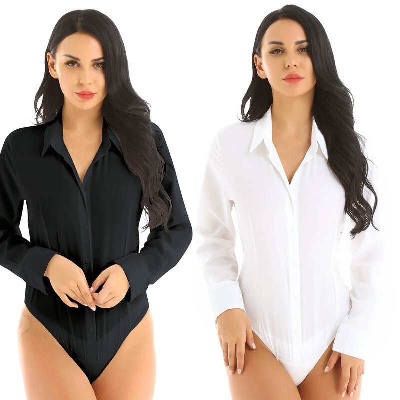 UK STOCK Womens Sexy Club Body Suit Turn-down Collar Leotard Jumpsuit Shirt High Cut Thong Bodysuit Femme Fashion Casual Catsuit