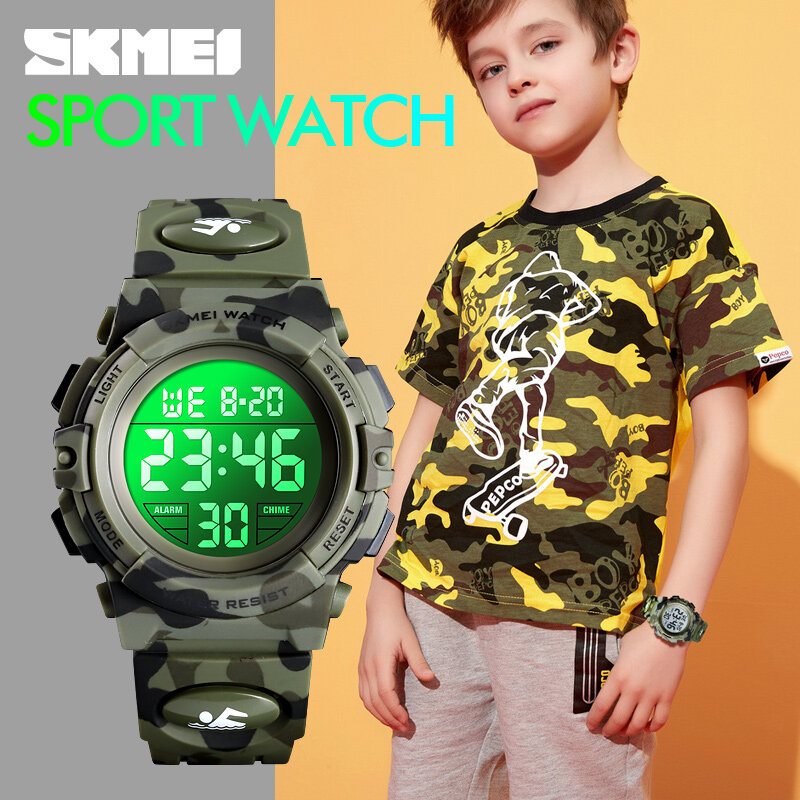 SKMEI 밀리터리 키즈 스포츠 시계, 50M 방수 전자 손목시계, 스톱 워치, 어린이 디지털 시계, 남아 여아