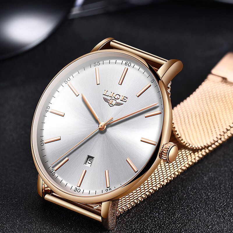 LIGE Frauen Uhren Top Marke Luxus Wasserdichte Uhr Mode Damen Edelstahl Ultra-Dünne Beiläufige Armbanduhr Quarz Uhr