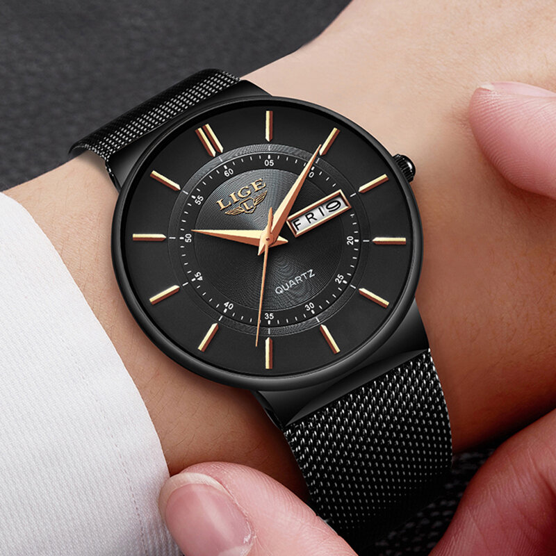 Męskie zegarki LIGE Top marka luksusowe wodoodporne Ultra cienkie data zegar mężczyzna stalowy pasek zegarek kwarcowy na co dzień mężczyźni sport Wrist Watch