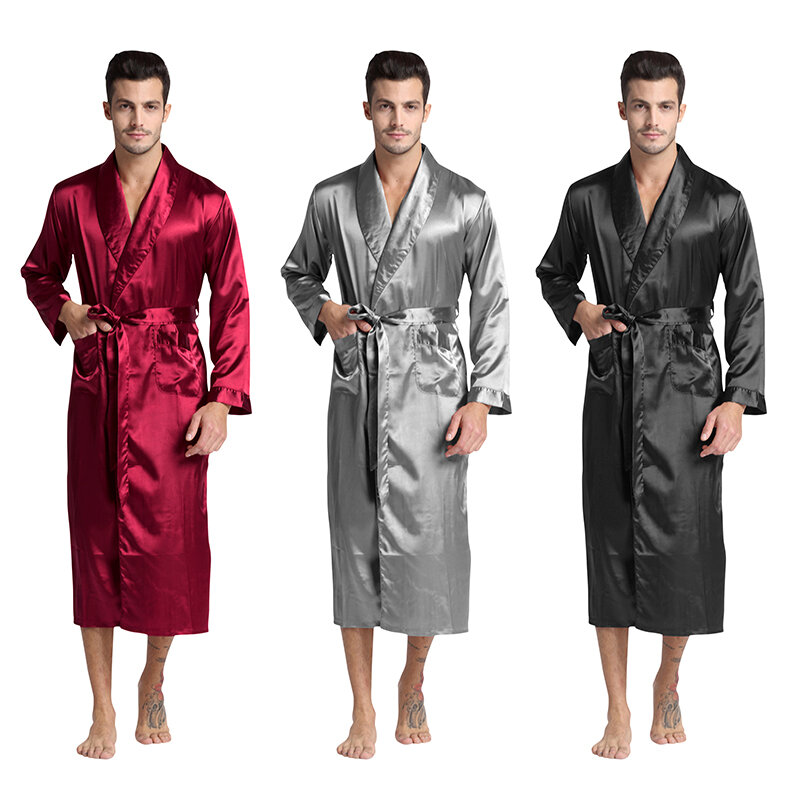 Tony & candice roupão de banho de cetim de seda longo sólido pijamas de seda dos homens camisola de seda sleepwear kimono homme roupão