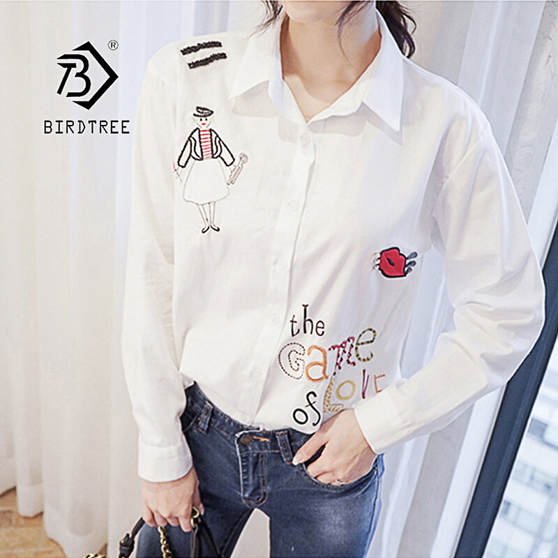 New Arrival Women White Shirt Letter Lip Girl Embroidery Full Sleeve Cotton Blouse Turn Down Collar Plus Size Loose Casual Top