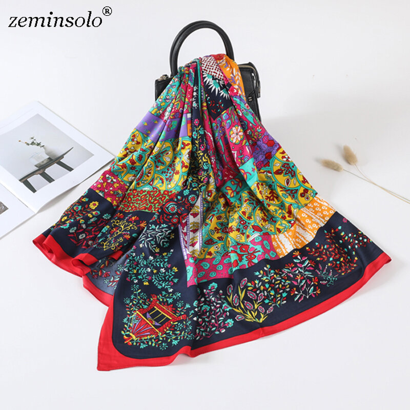 Luxury Brand 100% Twill Silk Scarf Square Scarf Bandana New Design Floral Print Kerchief Women Scarves Shawls Wraps Echarpe