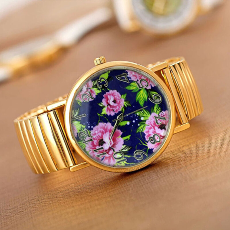 Shsby new Elastic đồng hồ không gỉ phụ nữ ăn mặc đồng hồ Vàng watchband casual đồng hồ đeo tay Sáng màu hoa cô gái đồng hồ