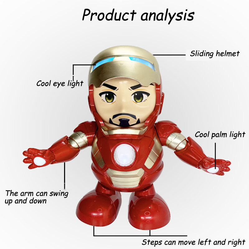 Marvel New Hot Avengers Toys Dancing Iron Man Robot with Music Flashlight Tony Stark Electric Action Figure Toy for Kids Gift