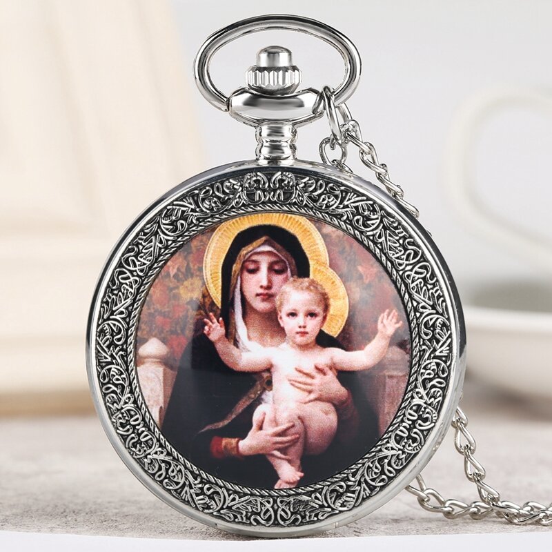 Jungfrau Maria und Jesus Quarz Taschenuhr Anhänger für Frauen Mädchen Dame Schmuck Halskette Kette Uhr Luxus reloj Religiöse Geschenke