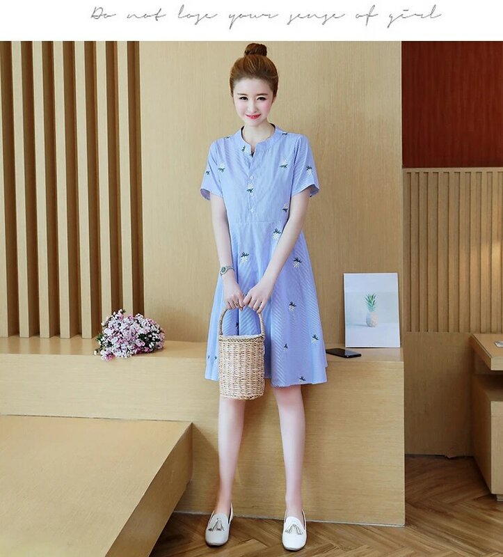 shorha  2019 new Maternity Dresses  Summer New Striped Embroidered Long Paragraph Pregnant Dress Short Sleeve Twomen Dress