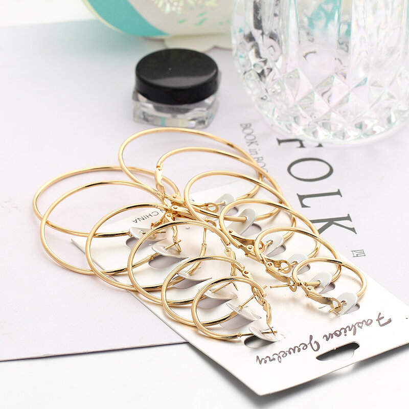 6 Pasang/Set Anting-Anting Hoop Korea Perhiasan Mode Anting-Anting Lingkaran Besar Ukuran Besar untuk Wanita Anak Perempuan Klip Telinga Steampunk