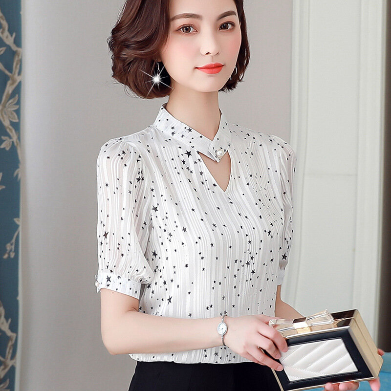 세로 스트라이프 여성 셔츠 반팔 여름 새로운 느슨한 블라우스 한국어 V-칼라 쉬폰 사무실 숙녀 캐주얼 탑 의류 H9027