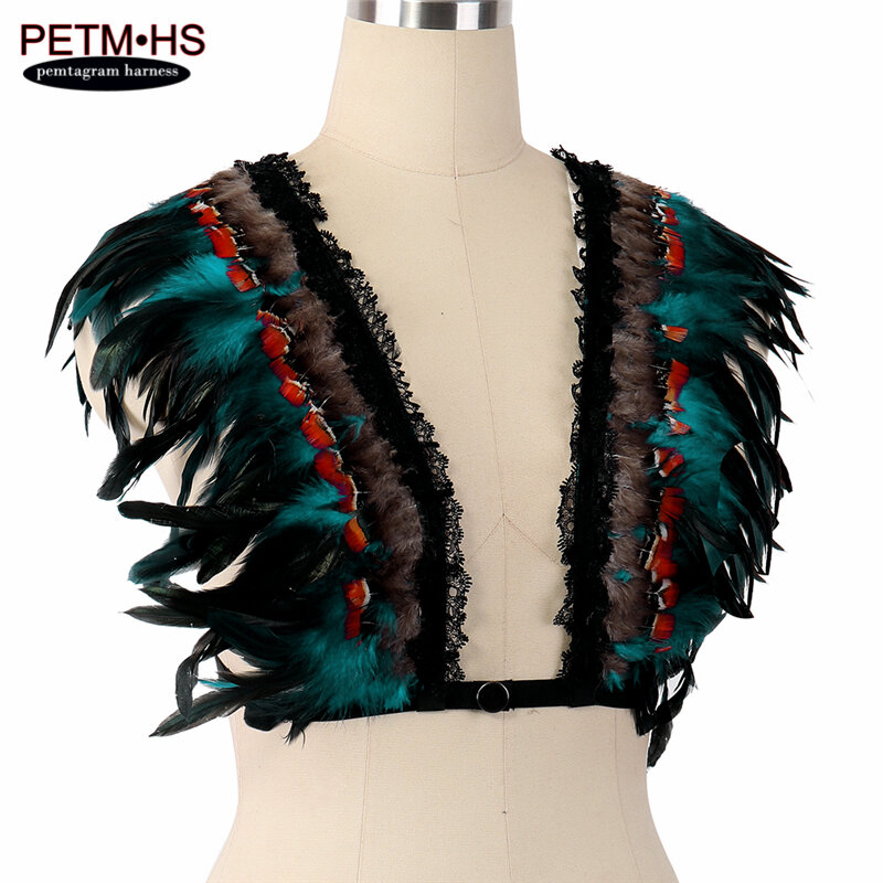 Бюстгальтер с открытыми плечами и крыльями, перьевые эполеты, цвет в ассортименте, готический организм