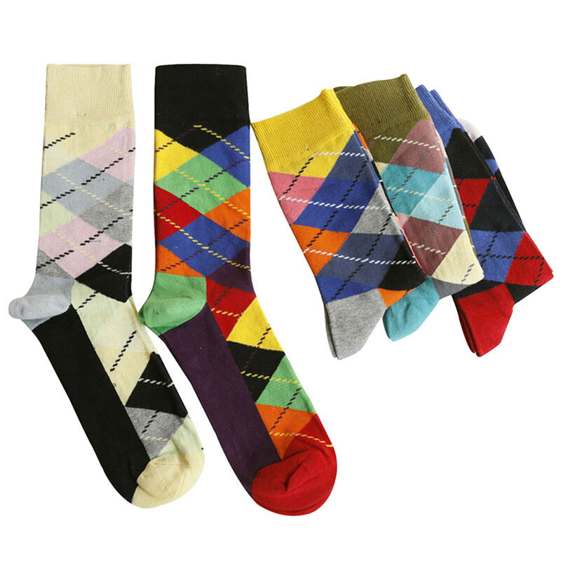 Chaussettes en coton peigné pour hommes, 6 paires/lot, chaussettes amusantes colorées, rouge Argyle, Pack de douzaines, décontractées, Happy Socks, robe de mariage, Eur38-44