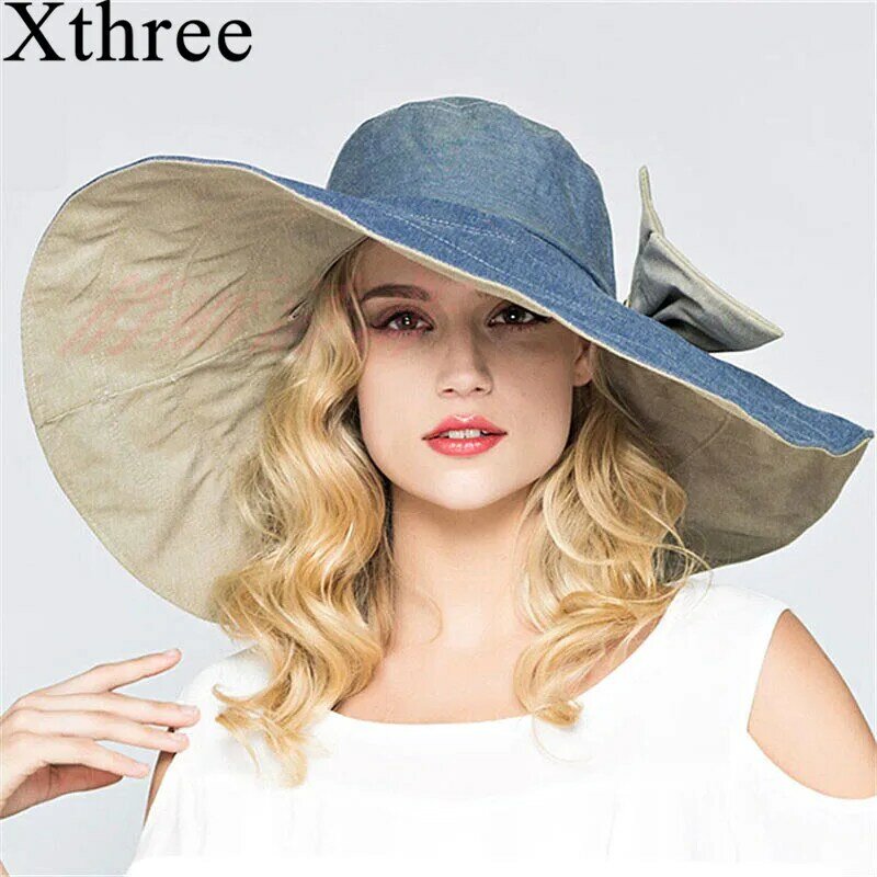 Xthree sombrero reversible para mujer, gorra de playa de ala supergrande, sombrero para el sol, estilo inglés