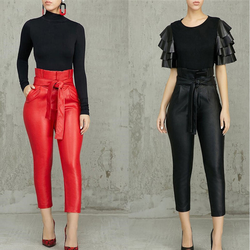 women new high wasit ruffles faux leather PU ankle length pencil skinny pants fashion red black trousers