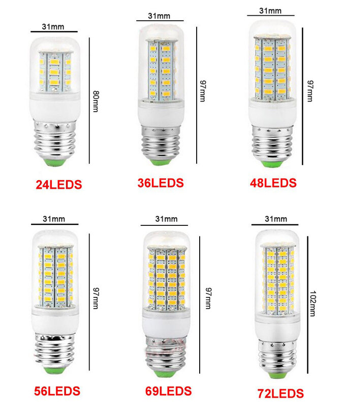 Bombilla LED E27 E14 para sala de estar, lámpara de 220V, blanco frío y cálido, 24, 36, 48, 56, 69, 72LED, 110V