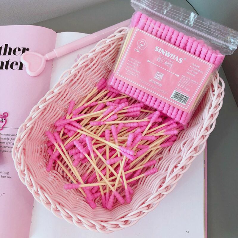 100 Stks/pak Roze Dubbele Kop Wattenstaafjes Vrouwelijke Make-Up Verwijderaar Wattenstaafje Tip Voor Medische Neus Oren Schoonmaken Stofdicht
