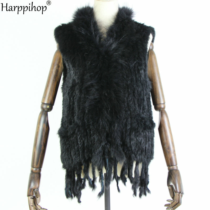 Chaleco de piel de conejo real natural con Cuello de piel de mapache para mujer, chaquetas de punto con bolsillo de conejo rex, Invierno