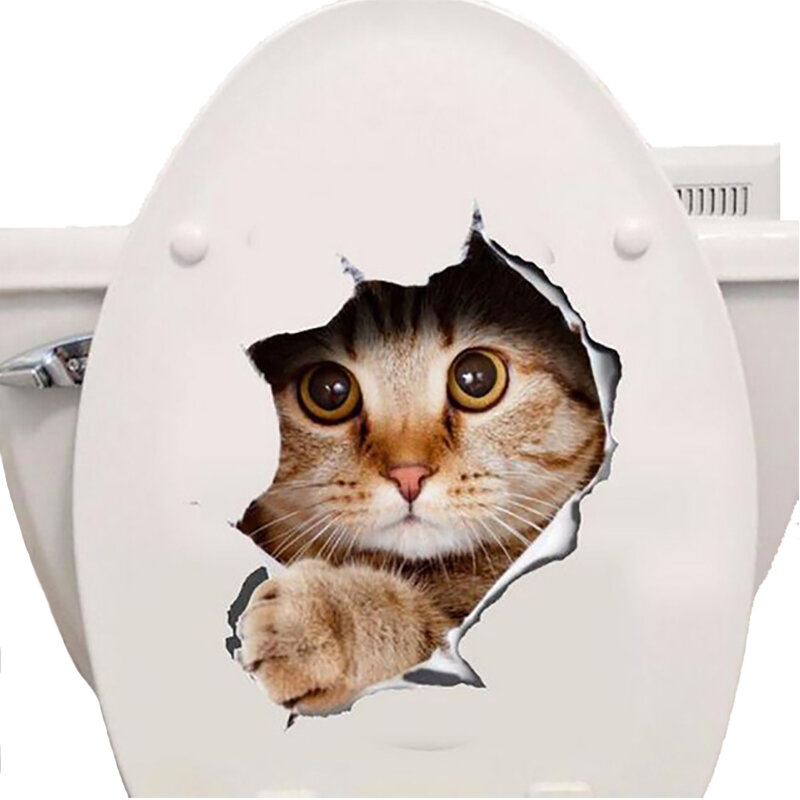 Mèo 3D Decal Dán Tường Vệ Sinh Miếng Dán Lỗ Quan Điểm Sống Động Chó Nhà Tắm Trang Trí Nhà Động Vật Vinyl Decal Nghệ Thuật Giấy Dán Tường Poster