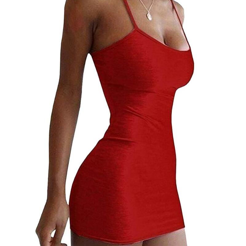 Womens Summer Casual Cotton Stretchy Dress Sexy Spaghetti Strap Mini Bodycon Sleeveless Solid Elastic Thin Shoulder Dress