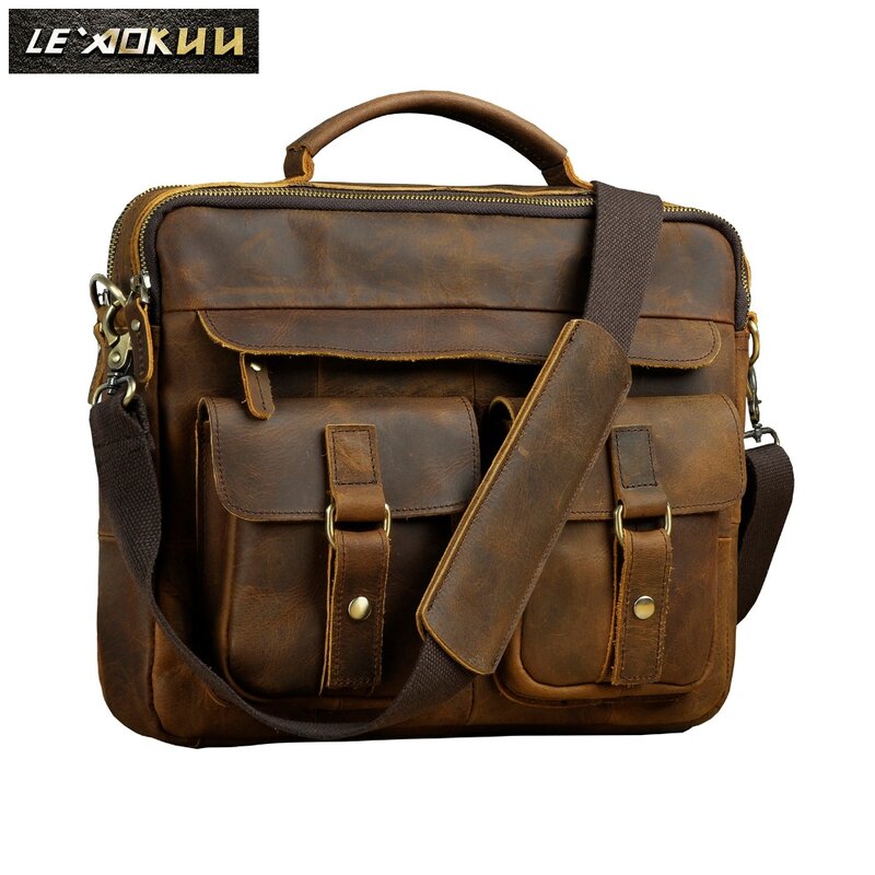 Men Quality Leather Antique Retro Business Briefcase 13" Laptop Case Attache Portfolio Bag One Shoulder Messenger Bag B207