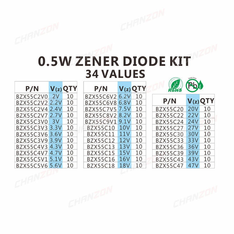 Kit assressentide diodes Zener, 34 valeurs, 0.5W, 2V, 3V, 3.3V, 3.6V, 5.1V, 5.6V, 7.5V, 10V, 12V, 13V, 15V, 16V, 18V, 20V, 22V, 24V 30V 36V 39V 43V 47V