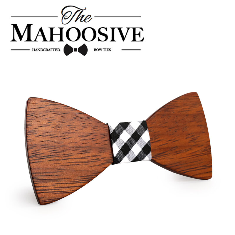 Mahoosive Gravata-pajarita de madera a cuadros para hombre, corbata de diseño de mariposa para boda, novio