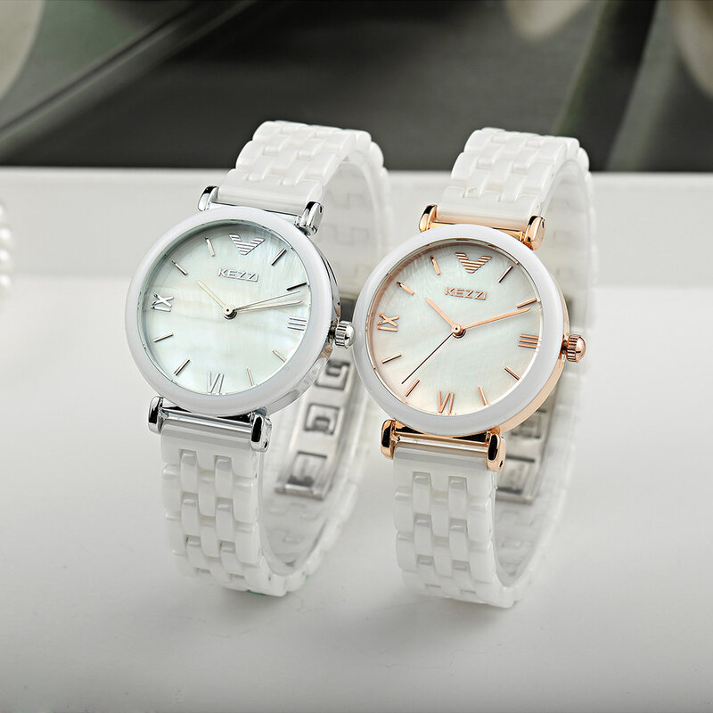 Женские кварцевые часы Kezzi, водонепроницаемые белые керамические часы, роскошные брендовые наручные часы под платье, женские часы