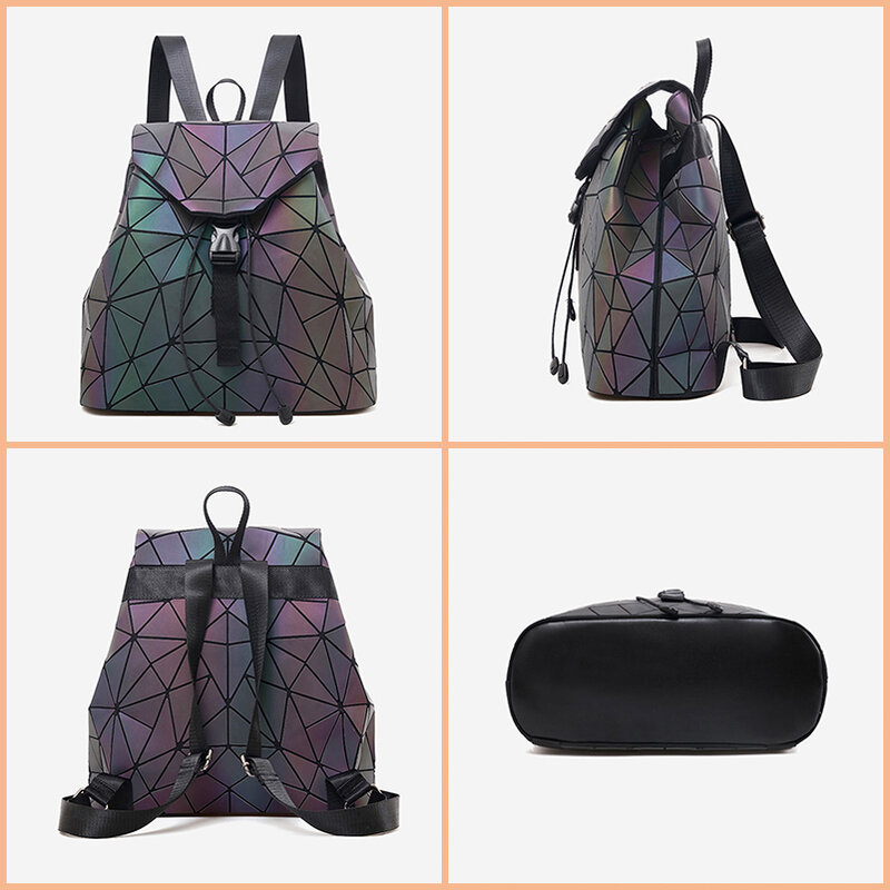 Nevenka Luminous Backpack Women Leather Geometric Backpacks Diamond Lattice Drawstring Backpacks Holographic Backpack Purse 2018