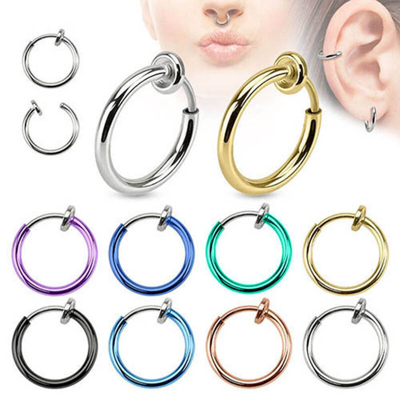 2 Pcs Fake Clip on Spring Nose Septum Ring Earring Non Piercing Unisex Jewelry Women Girl Simple Round Circle Small Ear Stud