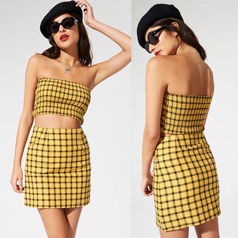 Women Fashion Sweet Summer Clothes Set Off Shoulder Ruched Yellow Plaid Skinny Short Length Tops Mini Pencil Skirts