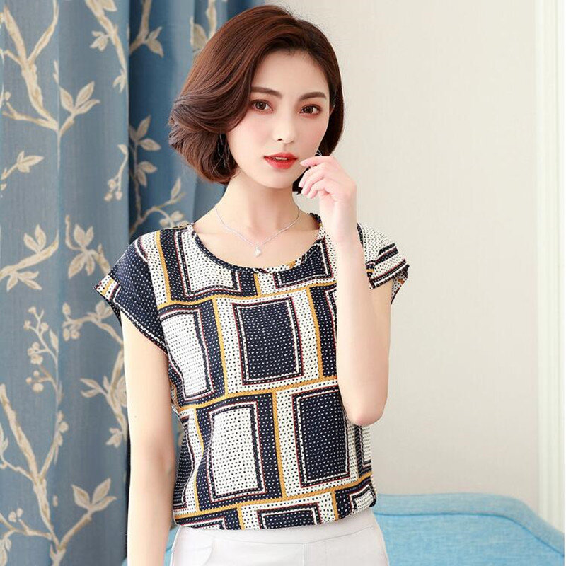 New Women Shirt Tops Spring Summer Short Sleeve Chiffon Blouses Female Ladies Leisure Round Collar Printing Shirts Clothes H9056