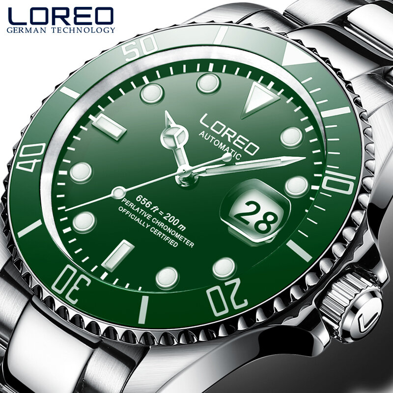 LOREO ใหม่200M กันน้ำ Mens กีฬานาฬิกาแบรนด์หรูนาฬิกากลไกอัตโนมัตินาฬิกา Sapphire สกรูมงกุฎ Rotatable Bezel ส่องสว่าง