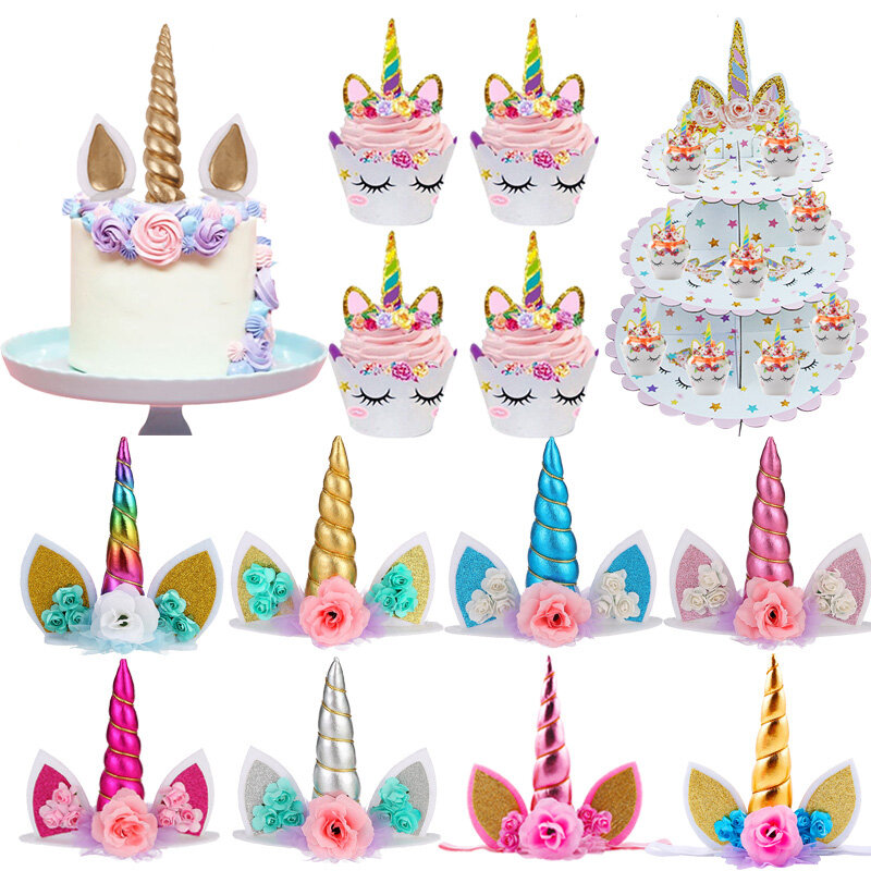 Cyuan-Cartoon Unicorn Birthday Cake Toppers, Wings Decor, Cupcake Wrappers, Kids Party Decoration