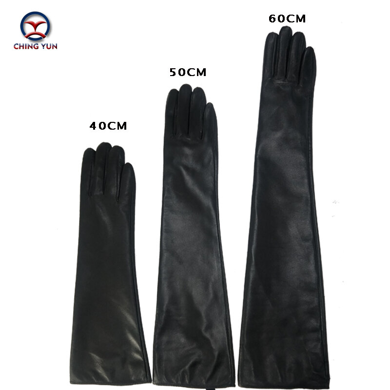 Shyyun-قفاز نسائي طويل من جلد الغنم ، قفازات أصلية ، بطانة رفيعة ، أكمام للذراع ، أسود ، 2019