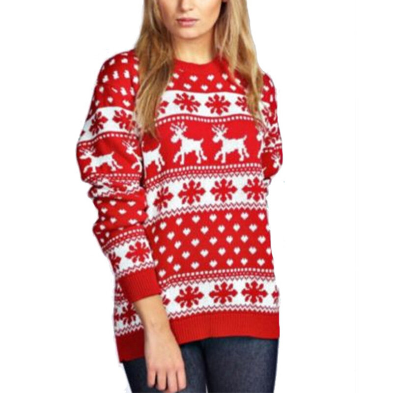 Women Christmas Printed Crew Neck Sweater Lady Casual Party Tops Jumper Pullover